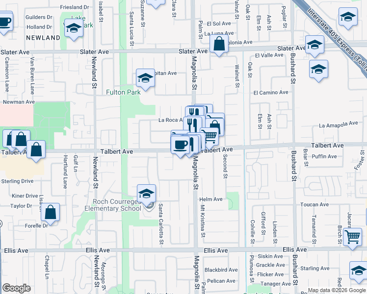 map of restaurants, bars, coffee shops, grocery stores, and more near 17986 Santa Olivia Street in Fountain Valley