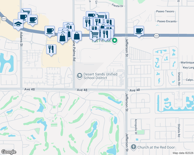 map of restaurants, bars, coffee shops, grocery stores, and more near 79700 Desert Willow Street in La Quinta