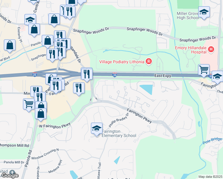 map of restaurants, bars, coffee shops, grocery stores, and more near 38 Le Parc Fontaine in Lithonia