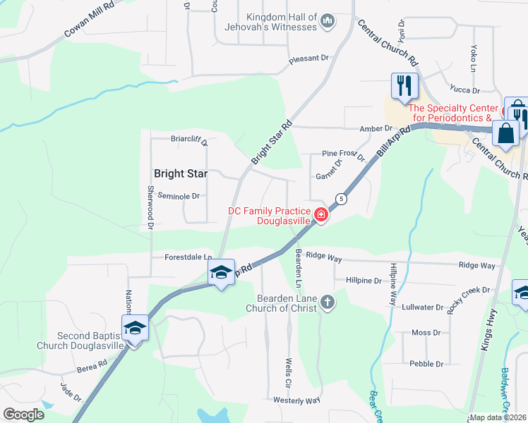 map of restaurants, bars, coffee shops, grocery stores, and more near 4 Roper Drive in Douglasville