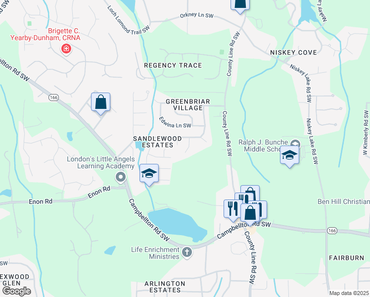 map of restaurants, bars, coffee shops, grocery stores, and more near 1981 Sandstream Court Southwest in Atlanta