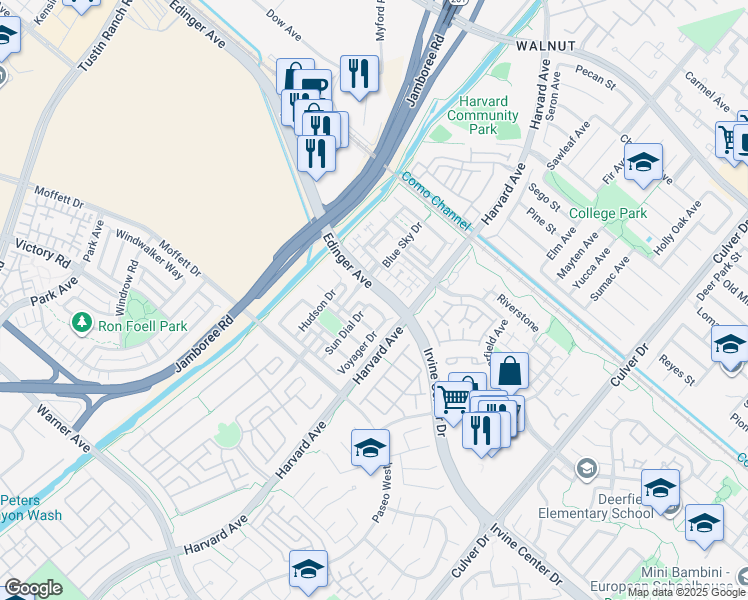 map of restaurants, bars, coffee shops, grocery stores, and more near 1522 Voyager Drive in Tustin