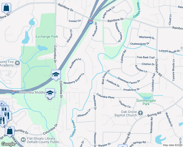 map of restaurants, bars, coffee shops, grocery stores, and more near 2899 Knollview Drive in Decatur
