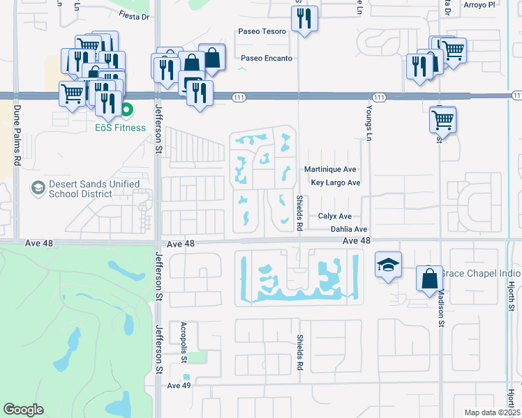 map of restaurants, bars, coffee shops, grocery stores, and more near 80394 Avenue 48 in Indio