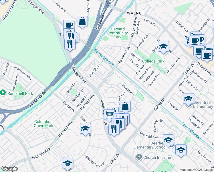 map of restaurants, bars, coffee shops, grocery stores, and more near 415 Deerfield Avenue in Irvine