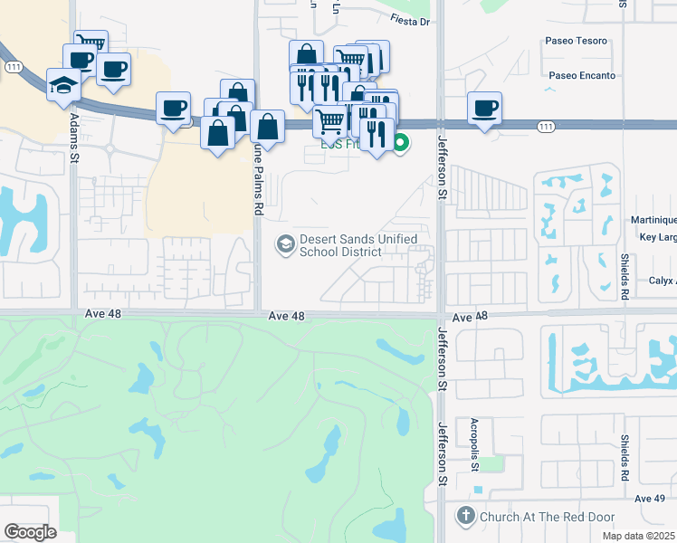 map of restaurants, bars, coffee shops, grocery stores, and more near 79700 Desert Willow Street in La Quinta