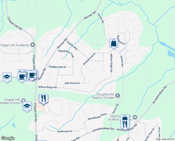 map of restaurants, bars, coffee shops, grocery stores, and more near 3805 Forsythia Way in Douglasville