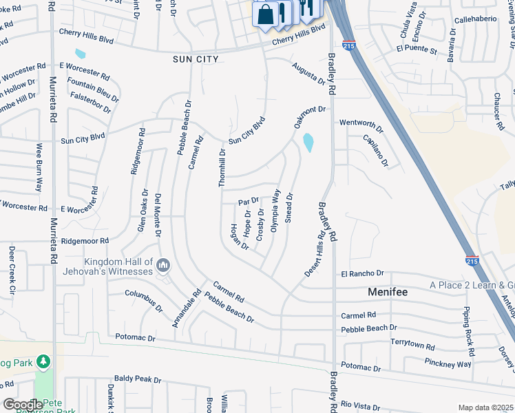 map of restaurants, bars, coffee shops, grocery stores, and more near 28861 Crosby Drive in Menifee