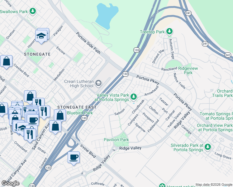 map of restaurants, bars, coffee shops, grocery stores, and more near 58 Kestrel in Irvine