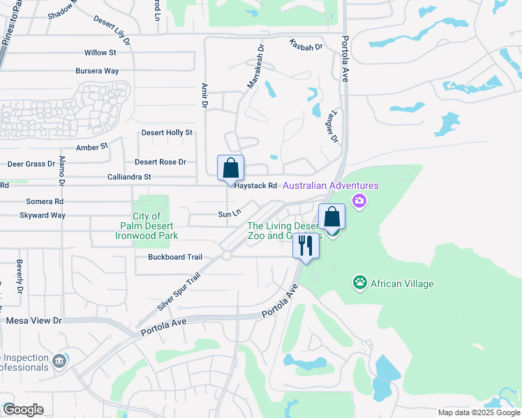 map of restaurants, bars, coffee shops, grocery stores, and more near Sun Corral Trail in Palm Desert