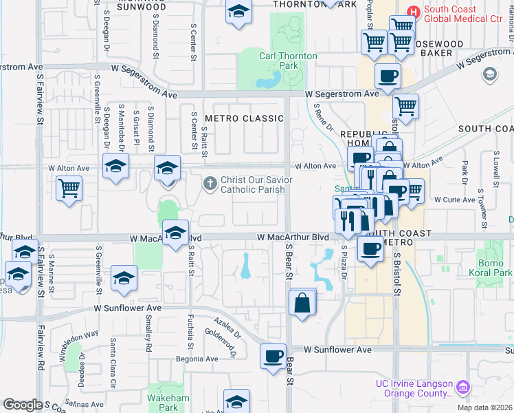 map of restaurants, bars, coffee shops, grocery stores, and more near 1858 West Meadowbrook Drive in Santa Ana