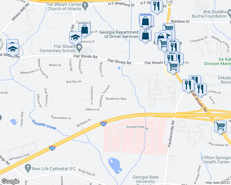 map of restaurants, bars, coffee shops, grocery stores, and more near 2900 Bradmoor Court in Decatur