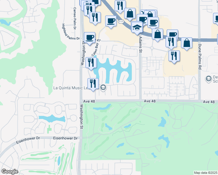 map of restaurants, bars, coffee shops, grocery stores, and more near 47785 Vía Jardin in La Quinta