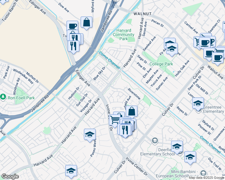 map of restaurants, bars, coffee shops, grocery stores, and more near 415 Deerfield Avenue in Irvine