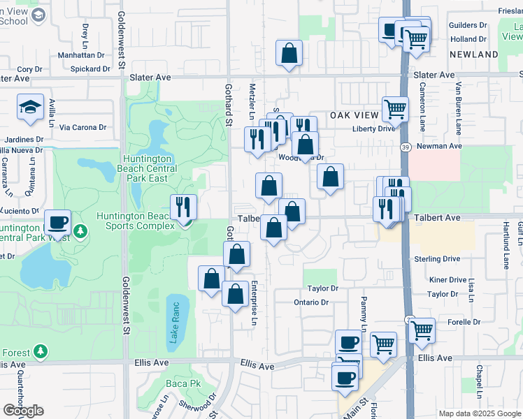 map of restaurants, bars, coffee shops, grocery stores, and more near 17951 Lyons Circle in Huntington Beach