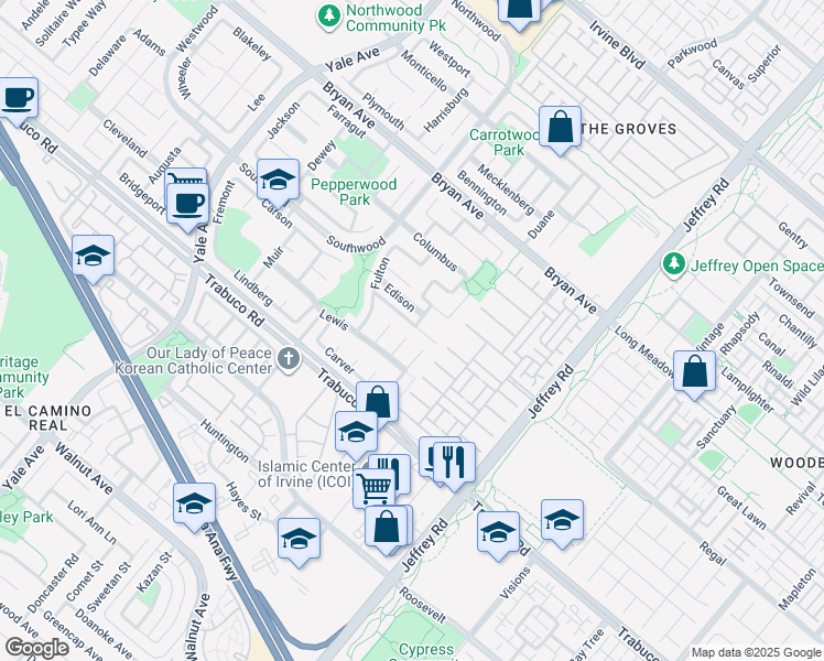 map of restaurants, bars, coffee shops, grocery stores, and more near 24 Field in Irvine
