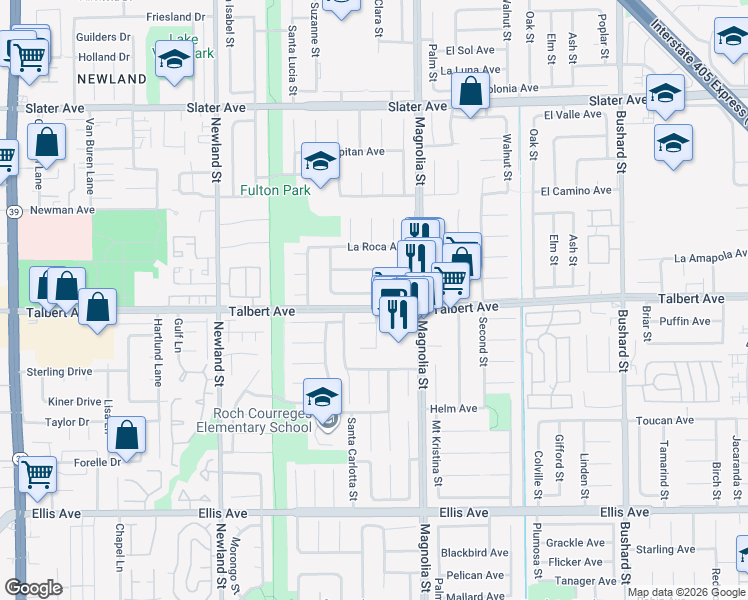 map of restaurants, bars, coffee shops, grocery stores, and more near 8893 Salmon Avenue in Fountain Valley