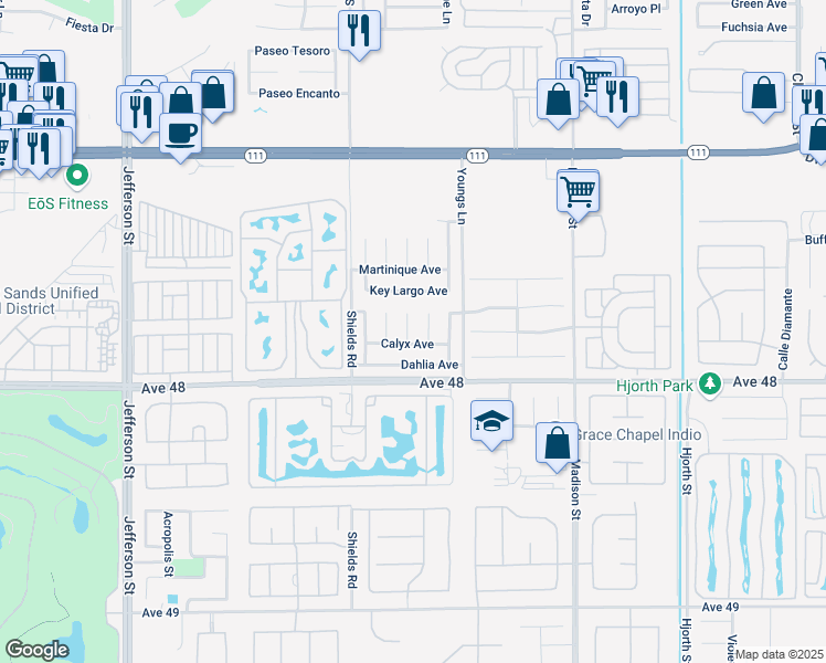 map of restaurants, bars, coffee shops, grocery stores, and more near 47764 Crocus Place in Indio