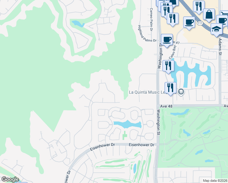 map of restaurants, bars, coffee shops, grocery stores, and more near 47750 Wind Spirit Drive in La Quinta