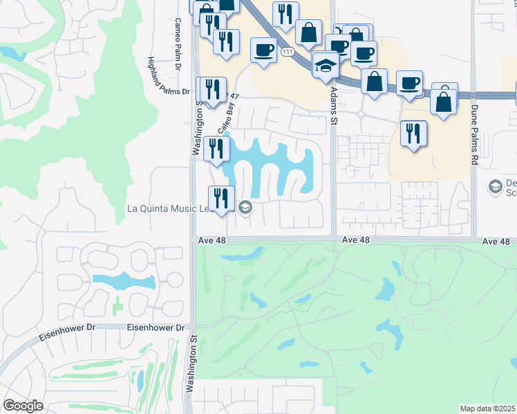 map of restaurants, bars, coffee shops, grocery stores, and more near 47785 Vía Jardin in La Quinta