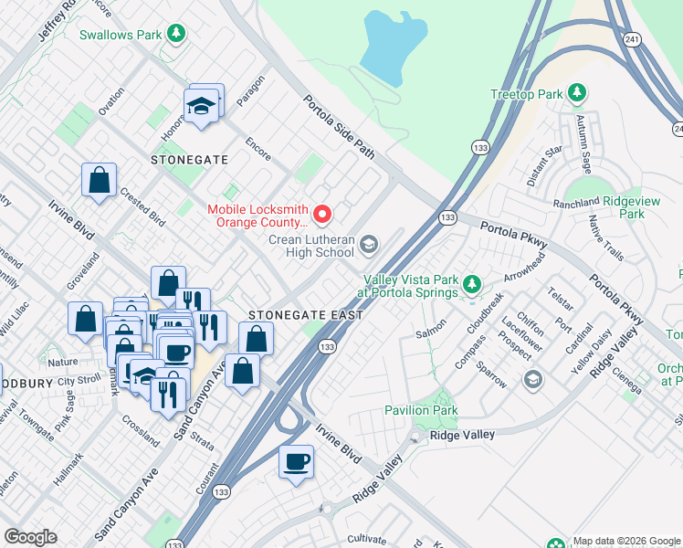 map of restaurants, bars, coffee shops, grocery stores, and more near 22 Wheatberry in Irvine