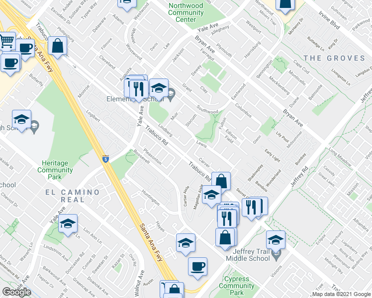 map of restaurants, bars, coffee shops, grocery stores, and more near 5 Lindberg in Irvine