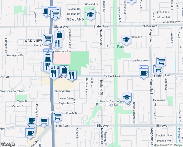 map of restaurants, bars, coffee shops, grocery stores, and more near 8392 Jalm Drive in Huntington Beach