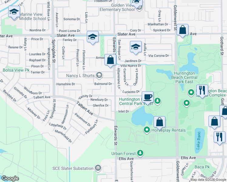 map of restaurants, bars, coffee shops, grocery stores, and more near 17902 Scotia Circle in Huntington Beach