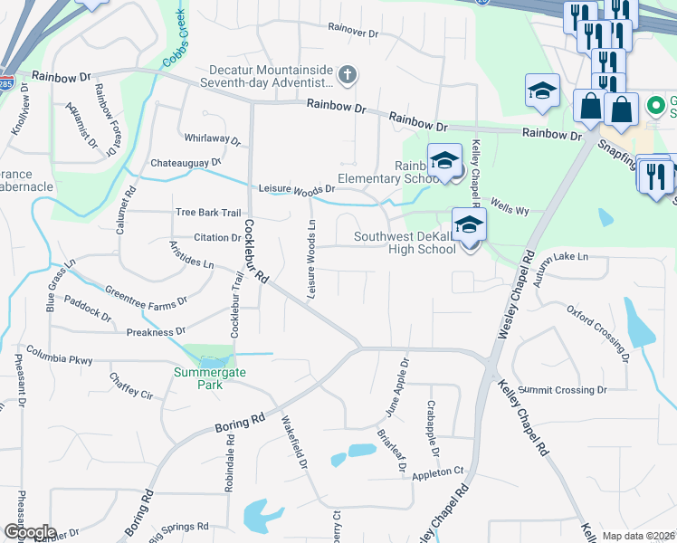 map of restaurants, bars, coffee shops, grocery stores, and more near 3870 Grand Pines Drive in Decatur