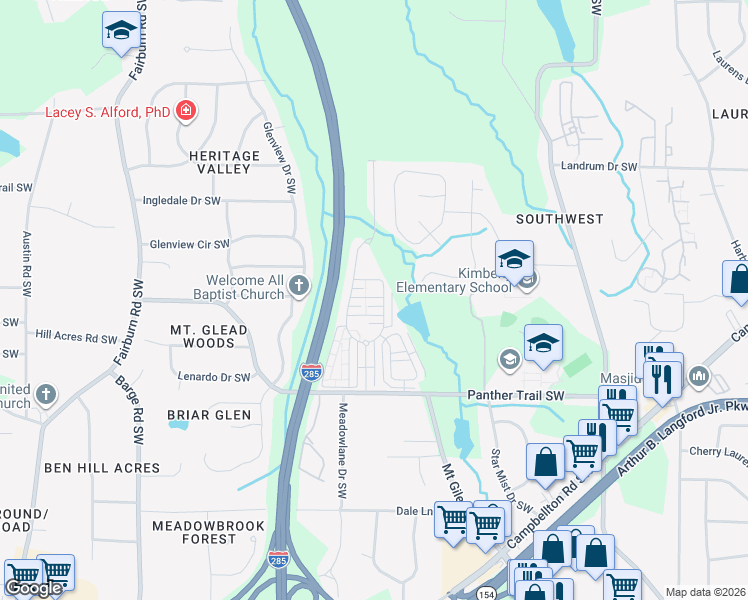 map of restaurants, bars, coffee shops, grocery stores, and more near 3220 Tallon Lane Southwest in Atlanta