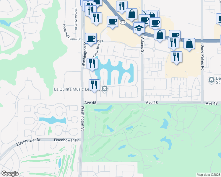 map of restaurants, bars, coffee shops, grocery stores, and more near 47745 Vía Montigo in La Quinta