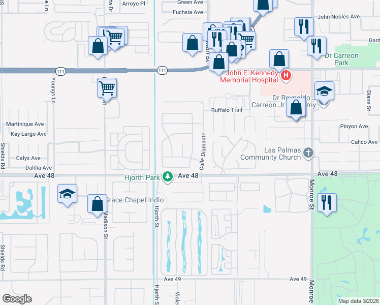 map of restaurants, bars, coffee shops, grocery stores, and more near 47723 Calle Zafiro in Indio