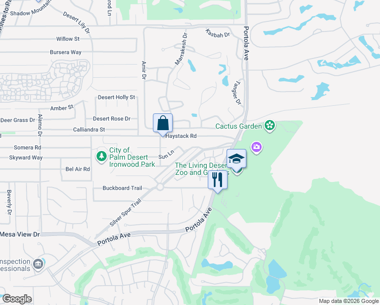 map of restaurants, bars, coffee shops, grocery stores, and more near 73726 Sun Lane in Palm Desert