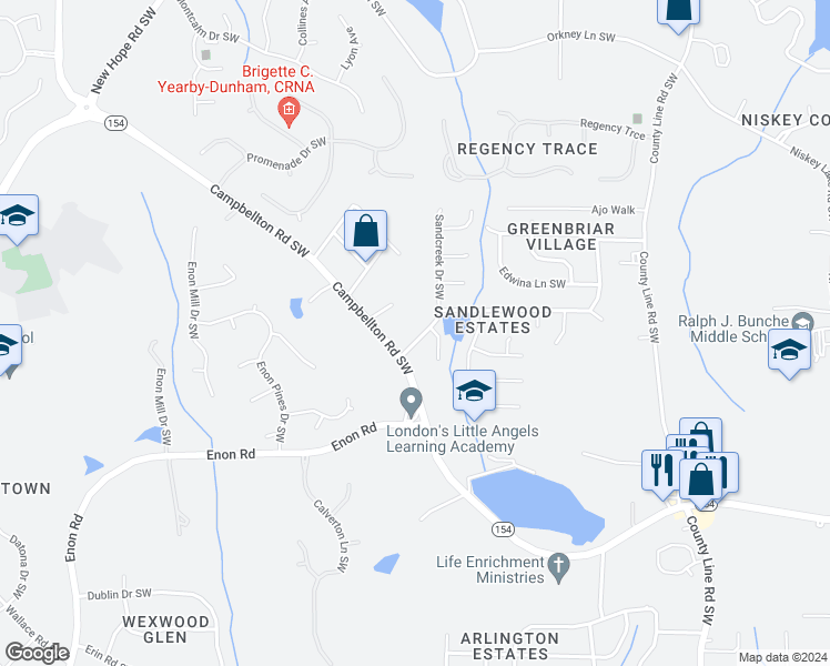 map of restaurants, bars, coffee shops, grocery stores, and more near 1995 Sandcreek Drive Southwest in Atlanta