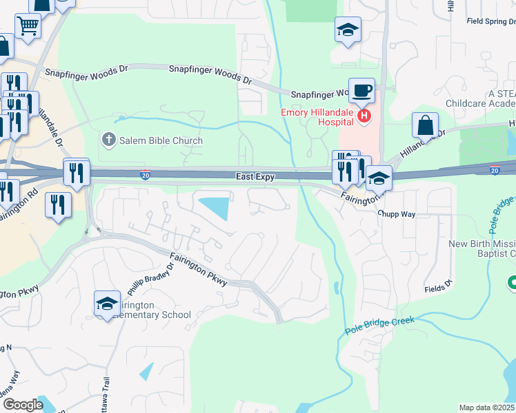 map of restaurants, bars, coffee shops, grocery stores, and more near 35 Willowick Drive in Stonecrest