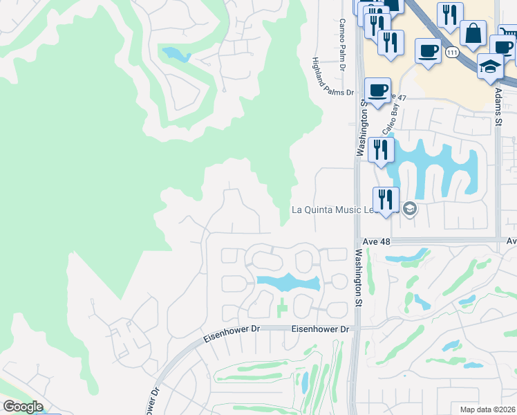 map of restaurants, bars, coffee shops, grocery stores, and more near 47780 Wind Spirit Drive in La Quinta