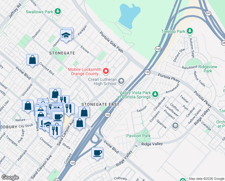 map of restaurants, bars, coffee shops, grocery stores, and more near 24 Wheatberry in Irvine