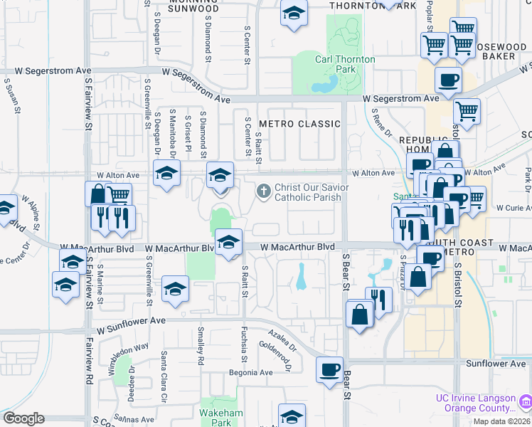 map of restaurants, bars, coffee shops, grocery stores, and more near 2001 West MacArthur Boulevard in Santa Ana