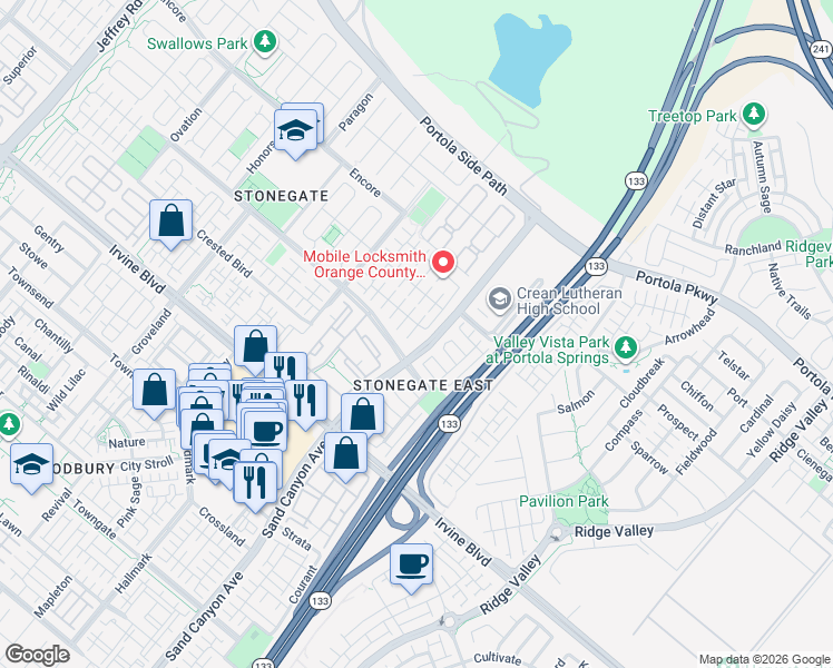 map of restaurants, bars, coffee shops, grocery stores, and more near 23 Sedgewick in Irvine