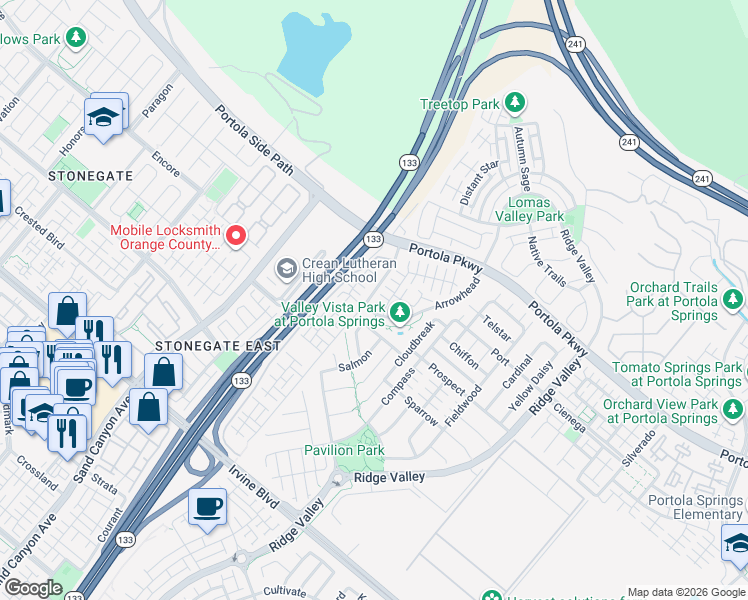 map of restaurants, bars, coffee shops, grocery stores, and more near 107 Bright Poppy in Irvine