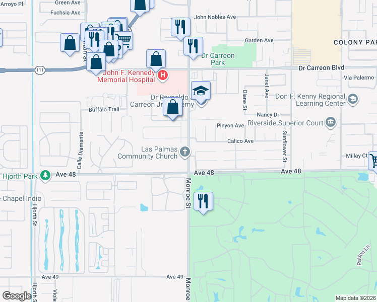 map of restaurants, bars, coffee shops, grocery stores, and more near Monroe Street in Chiriaco Summit