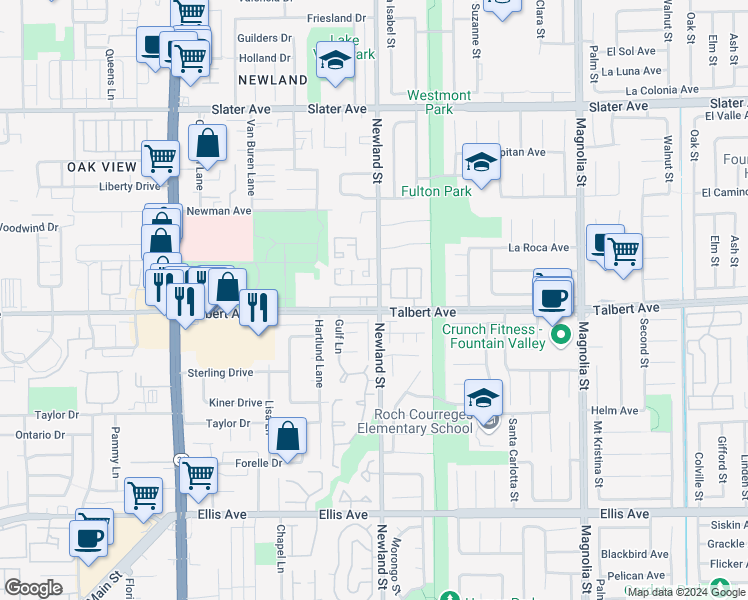 map of restaurants, bars, coffee shops, grocery stores, and more near 17942 Olivia Lane in Huntington Beach