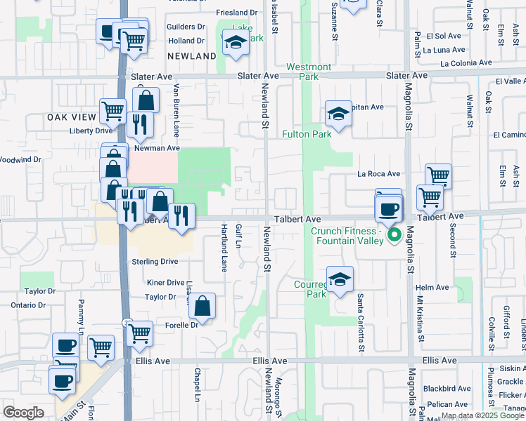 map of restaurants, bars, coffee shops, grocery stores, and more near 17942 Olivia Lane in Huntington Beach