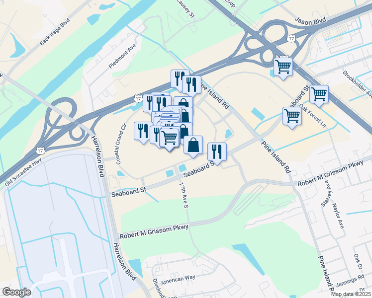 map of restaurants, bars, coffee shops, grocery stores, and more near 2000 Coastal Grand Circle in Myrtle Beach