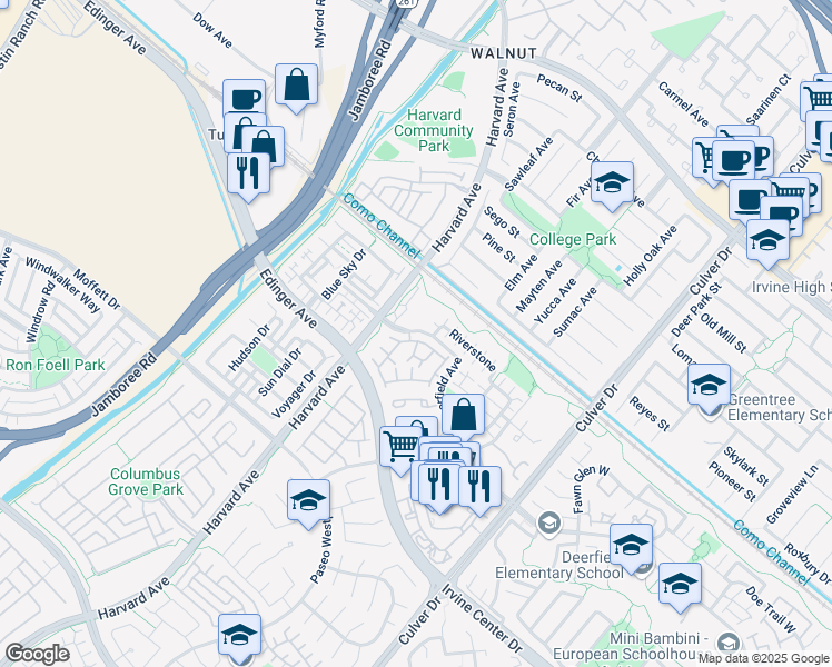 map of restaurants, bars, coffee shops, grocery stores, and more near 56 Riverstone in Irvine