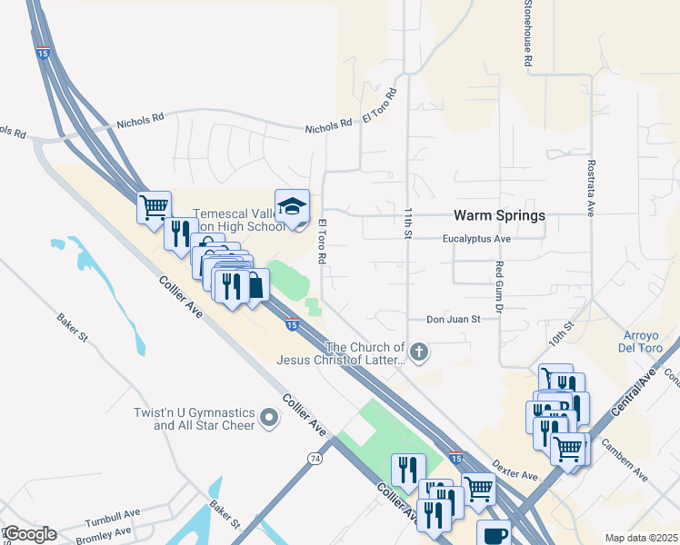 map of restaurants, bars, coffee shops, grocery stores, and more near 18044 Kimberly Sue Court in Lake Elsinore