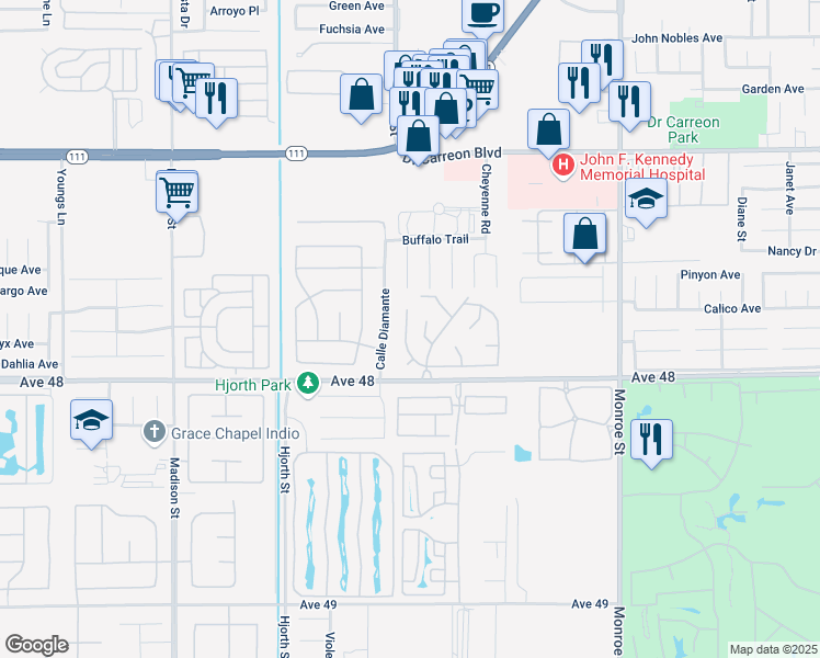 map of restaurants, bars, coffee shops, grocery stores, and more near 47750 Prado Way in Indio