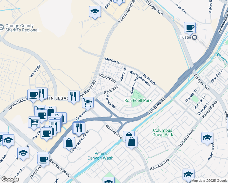 map of restaurants, bars, coffee shops, grocery stores, and more near 6 Stafford Place in Tustin