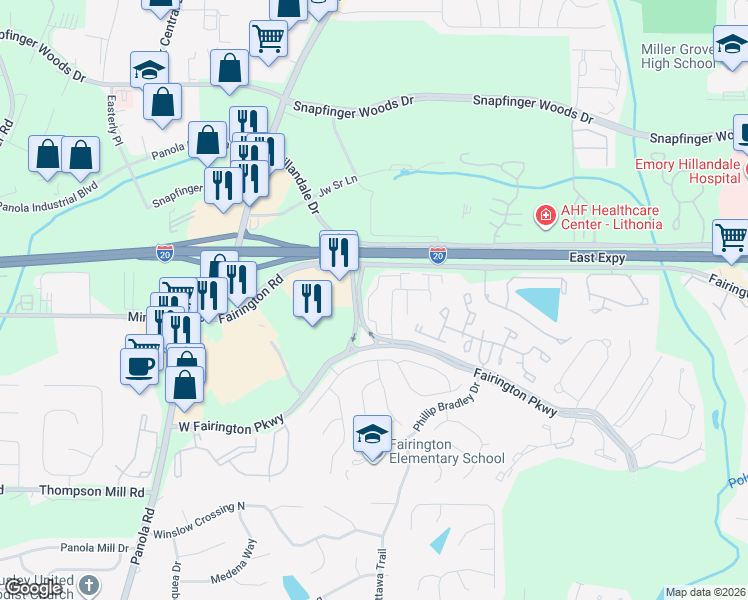 map of restaurants, bars, coffee shops, grocery stores, and more near 149 Rue Fontaine in Stonecrest