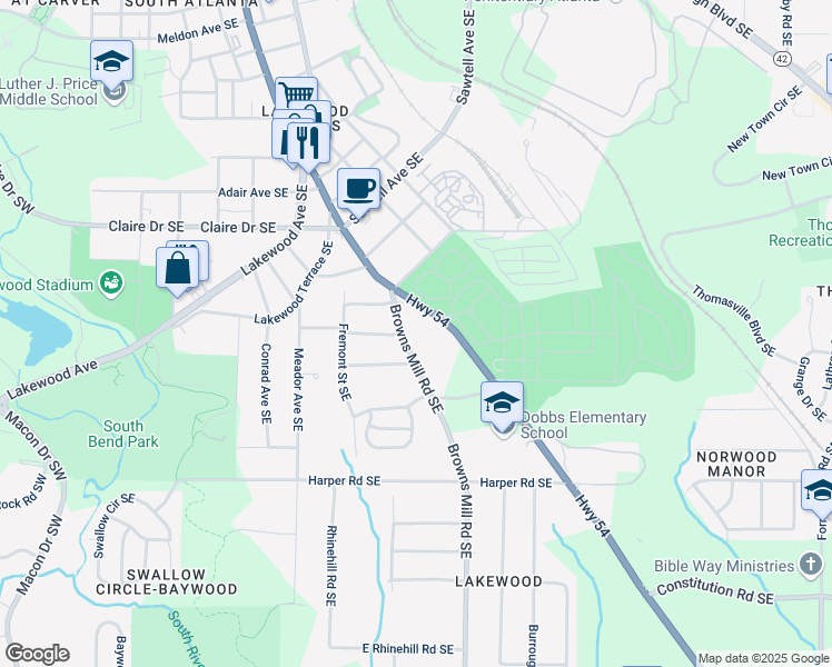 map of restaurants, bars, coffee shops, grocery stores, and more near 1924 Browns Mill Road Southeast in Atlanta